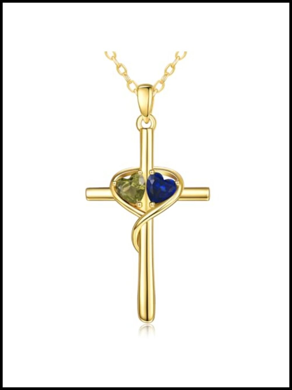 14K Gold Cross Necklace Double Birthstone Pendant Gift for Her